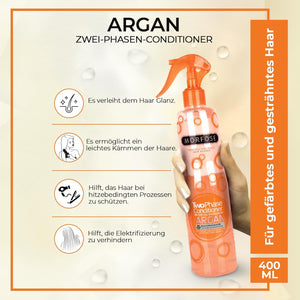 Morfose Argan 2-Phasen Conditioner Spray 400 ml – Haarpflegespuelung - Leave-In Haarpflege mit Arganoel & Vitamin E – Hitzeschutz & Feuchtigkeitspflege fuer gefaerbtes, trockenes & gestraehntes Haar