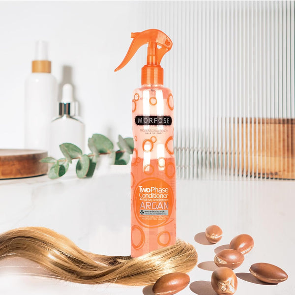 Morfose Argan 2-Phasen Conditioner Spray 400 ml – Haarpflegespuelung - Leave-In Haarpflege mit Arganoel & Vitamin E – Hitzeschutz & Feuchtigkeitspflege fuer gefaerbtes, trockenes & gestraehntes Haar