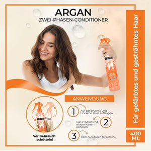 Morfose Argan 2-Phasen Conditioner Spray 400 ml – Haarpflegespuelung - Leave-In Haarpflege mit Arganoel & Vitamin E – Hitzeschutz & Feuchtigkeitspflege fuer gefaerbtes, trockenes & gestraehntes Haar