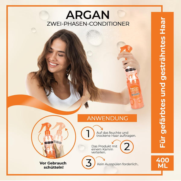 Morfose Argan 2-Phasen Conditioner Spray 400 ml – Haarpflegespuelung - Leave-In Haarpflege mit Arganoel & Vitamin E – Hitzeschutz & Feuchtigkeitspflege fuer gefaerbtes, trockenes & gestraehntes Haar